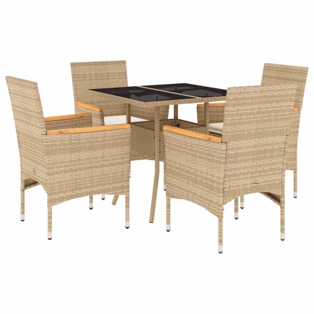 Set da Pranzo da Giardino 5 pz con Cuscini Polyrattan e Vetro