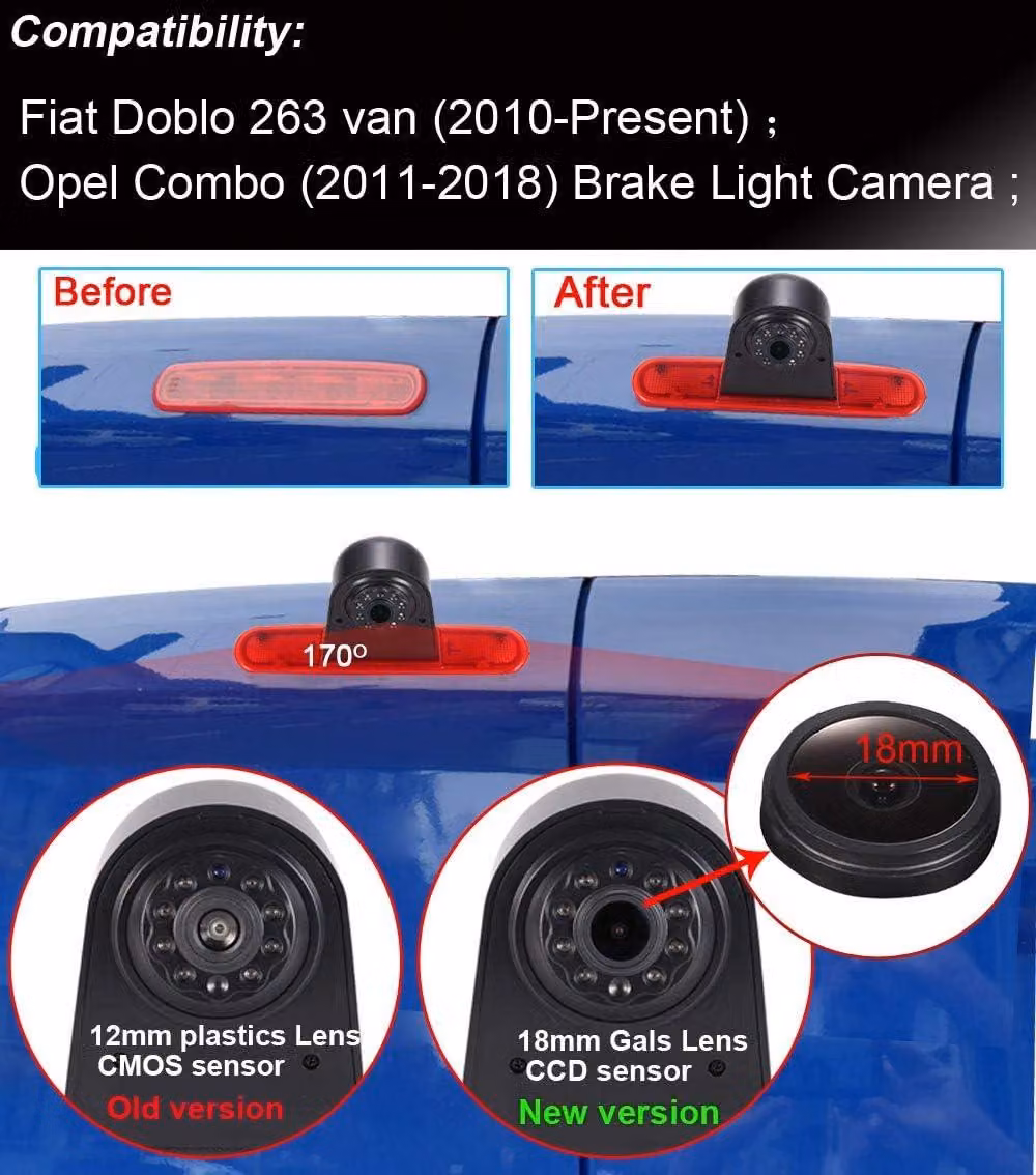 Sistema di telecamera per la retromarcia HD, grado di protezione IP68, integrabile nella terza luce dei freni, con regolazione dell'angolo di visuale, versione notturna con illuminazione IR, ideale per furgoni e dotata di FIA