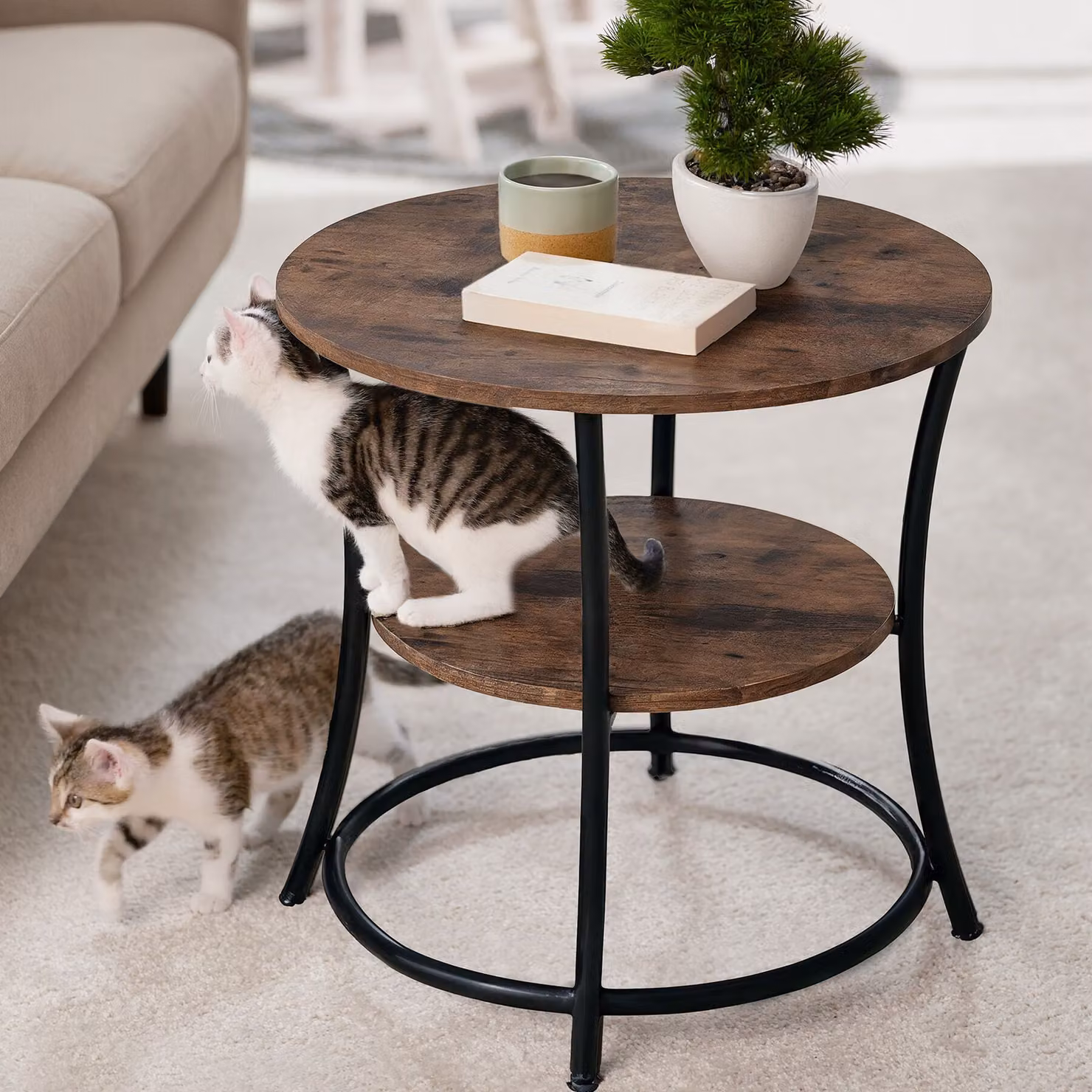 Tavolino rotondo industriale tectake in legno e metallo, marrone e nero, L: 56 cm, P: 55 cm, H: 30 cm – 2
