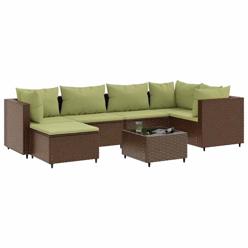 vidaXL Set Divani da Giardino 7 pz a Forma a L con Cuscini e Tavolino, Polyrattan Marrone e Verde con Struttura in Acciaio Verniciato a Polvere – 2