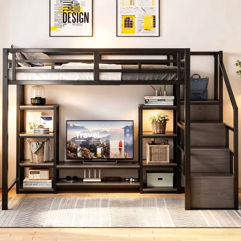Letto a castello moderno in metallo e MDF con supporto TV, porta USB e scala con gradini, colore nero, L/P: 140 x 200 cm – 2