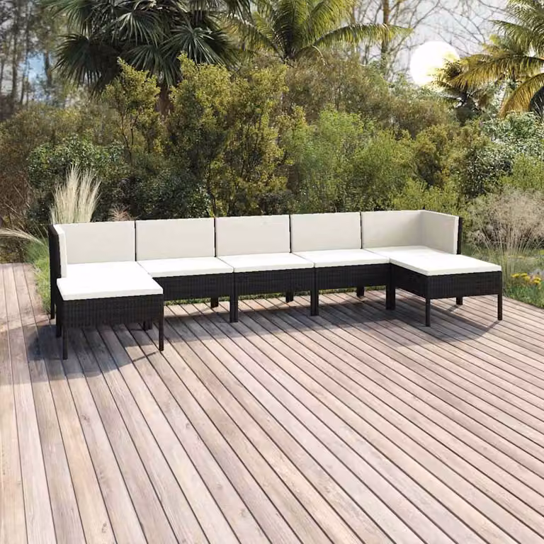 Set di divani da giardino vidaXL in rattan nero con cuscini e struttura in acciaio, composizione a L con 7 pezzi