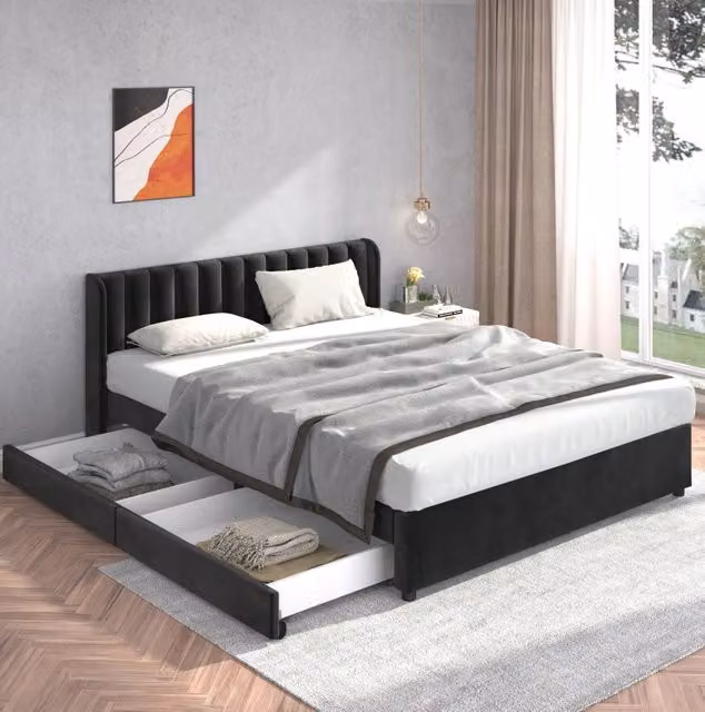Letto matrimoniale 180x200 cm in velluto con 2 cassetti e rete a doghe; nero