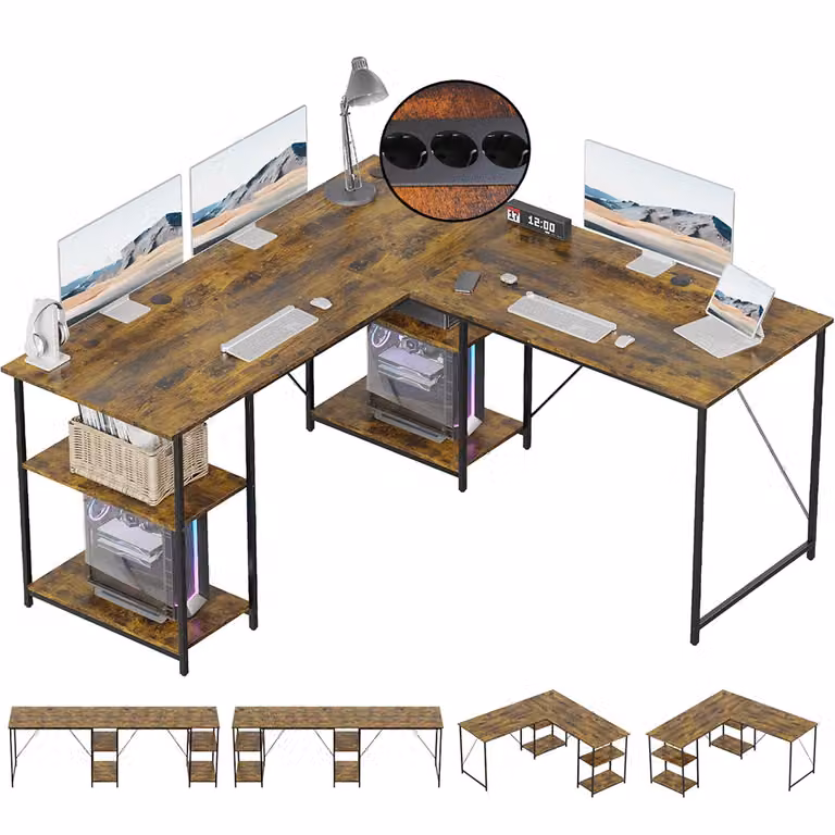 ZELURXX Scrivania angolare Scrivania da gaming con ripiano, porta USB e presa di corrente (1 tavolo), scrivania per computer a forma di L da 140 cm, tavolo per PC da ufficio