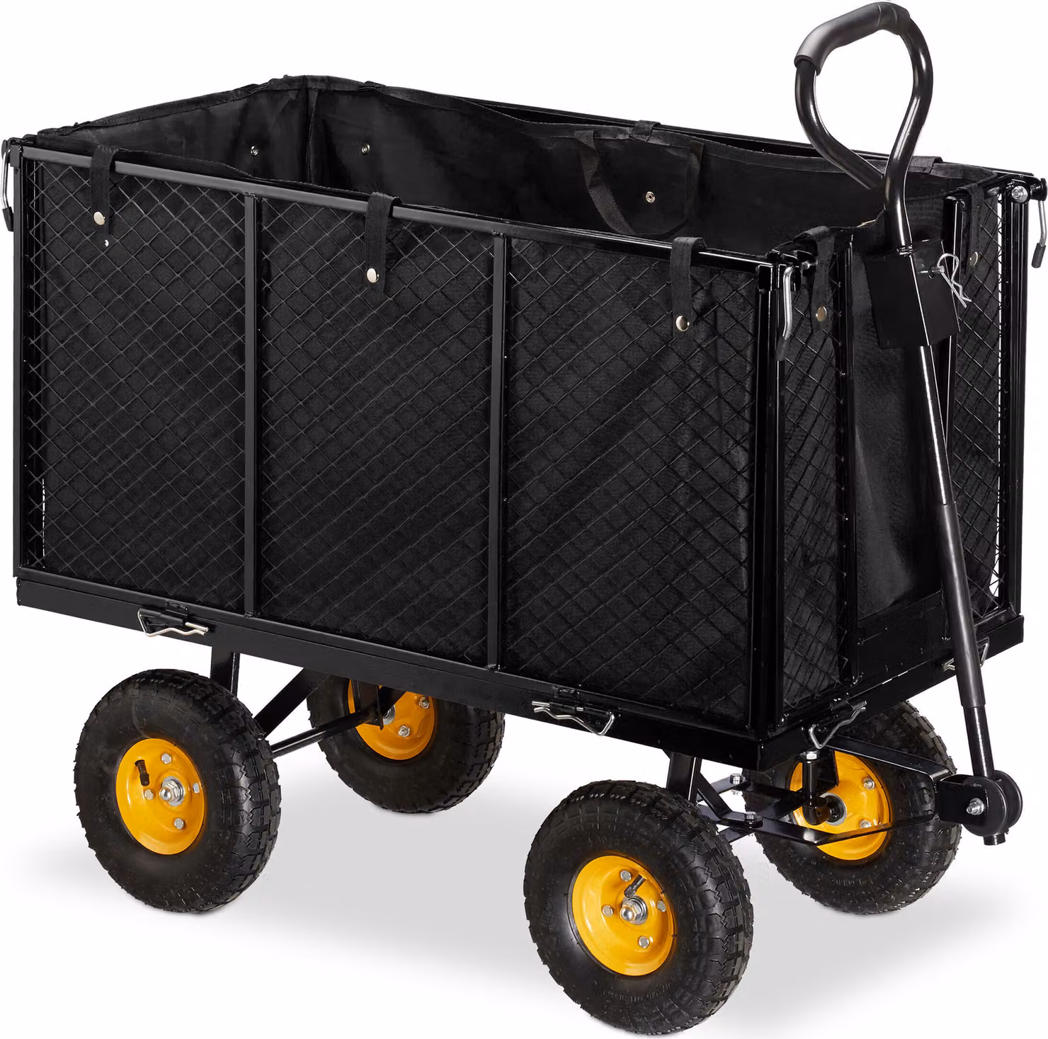 Carrello da giardino Relaxdays, grande carrello con sponde laterali ribaltabili, telone rimovibile con maniglie, 500 kg, nero