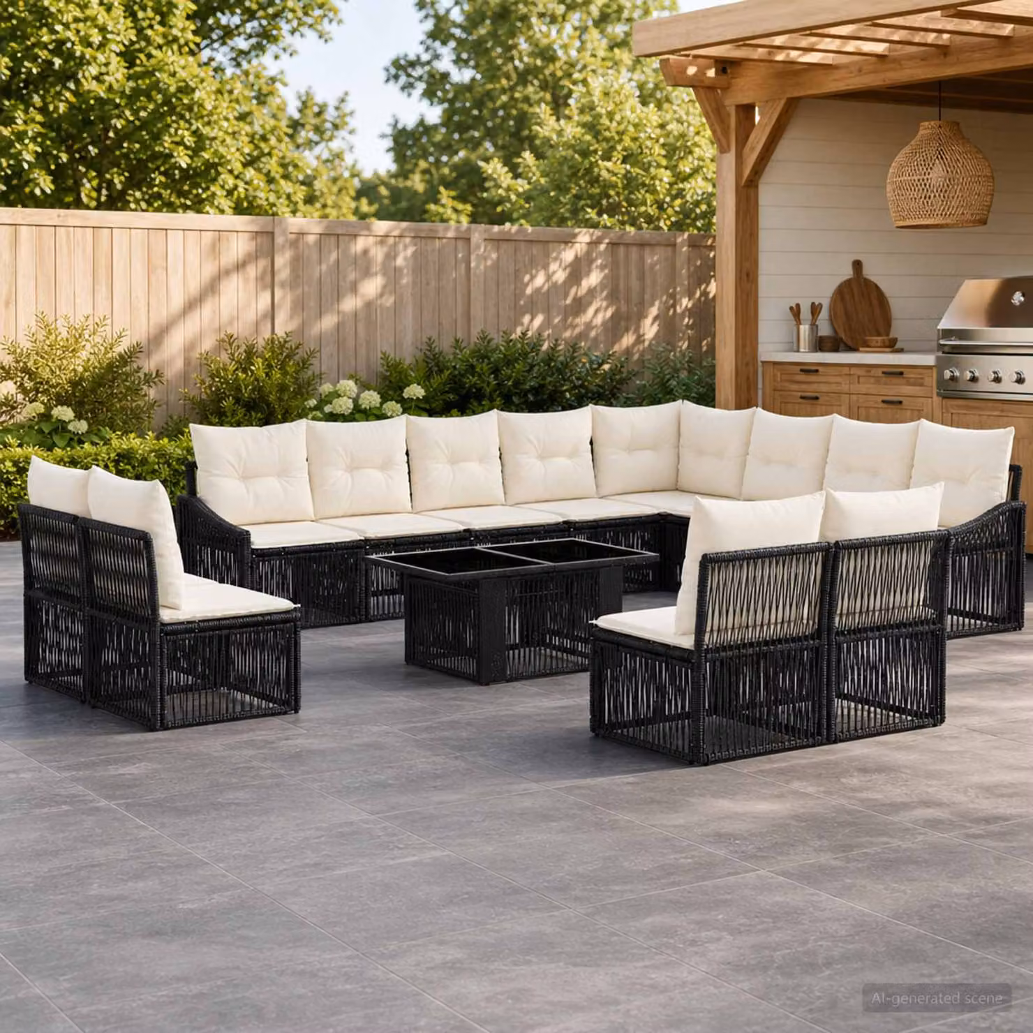 Set Divano da Giardino vidaXL 13 pz in Polyrattan Nero e Bianco Crema con Cuscini e Tavolino