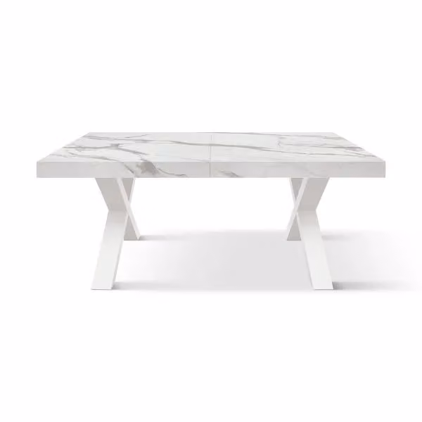 Tavolo AMALFI in legno effetto bianco statuario e gambe incrociate antracite, allungabile 160×90 cm - 240×90 cm