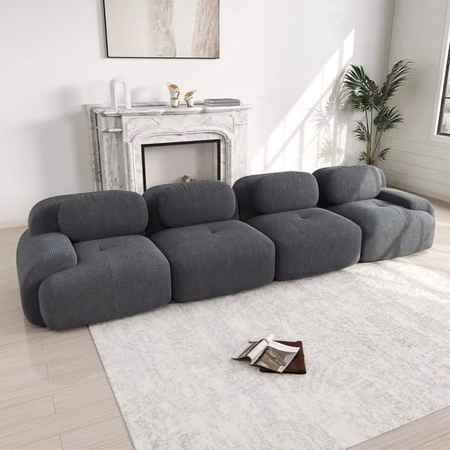Divano 4 posti in velluto a coste grigio 388x103x70 cm, divano modulare grigio senza struttura, imbottitura 32D