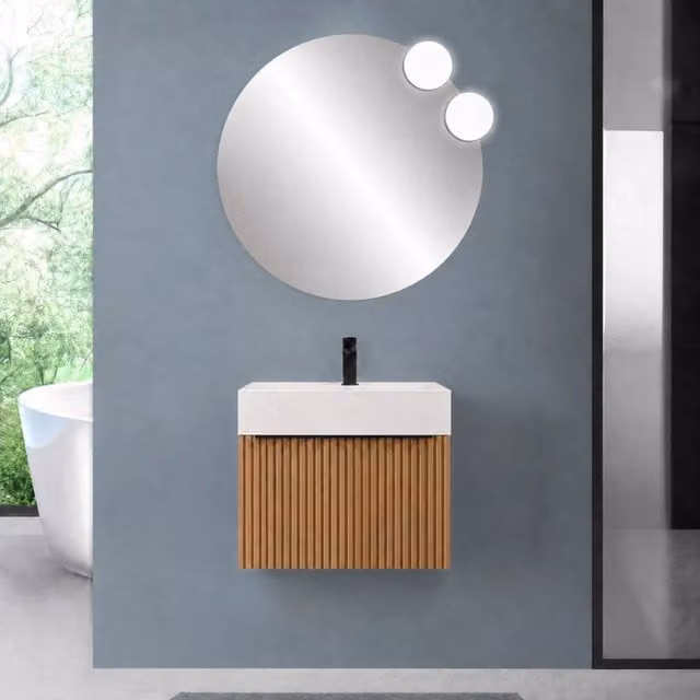 Mobile bagno sospeso 70 cm rovere africa con un cassetto e lavabo alto in resina Nara