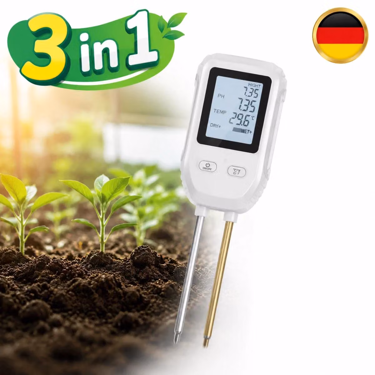 Tester per terreno 3-in-1 con display LCD digitale, per misurare il pH e l'umidità del terreno, ideale per piante