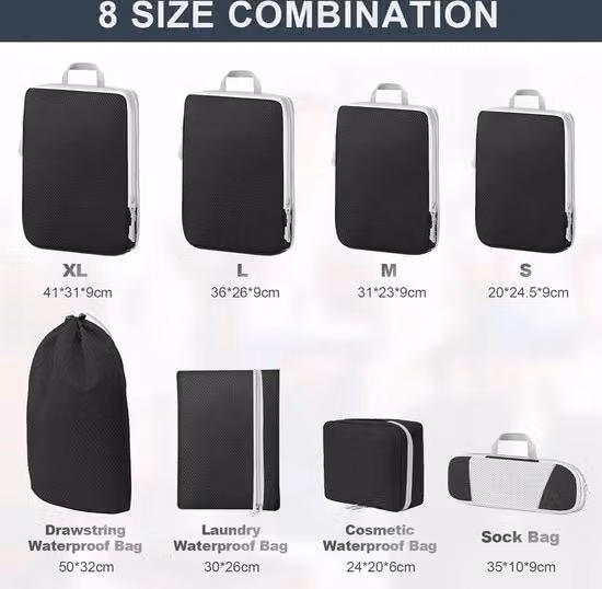 Set di 8 organizer di bagaglio impermeabili Lannvan in tessuto nero per viaggi e cura personale