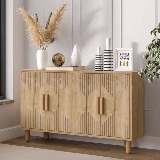Madia Colzano DMORA con 2 ripiani, design moderno geometrico, colore Marrone Rovere e Beige, L 120 x P 30 x H 74 cm
