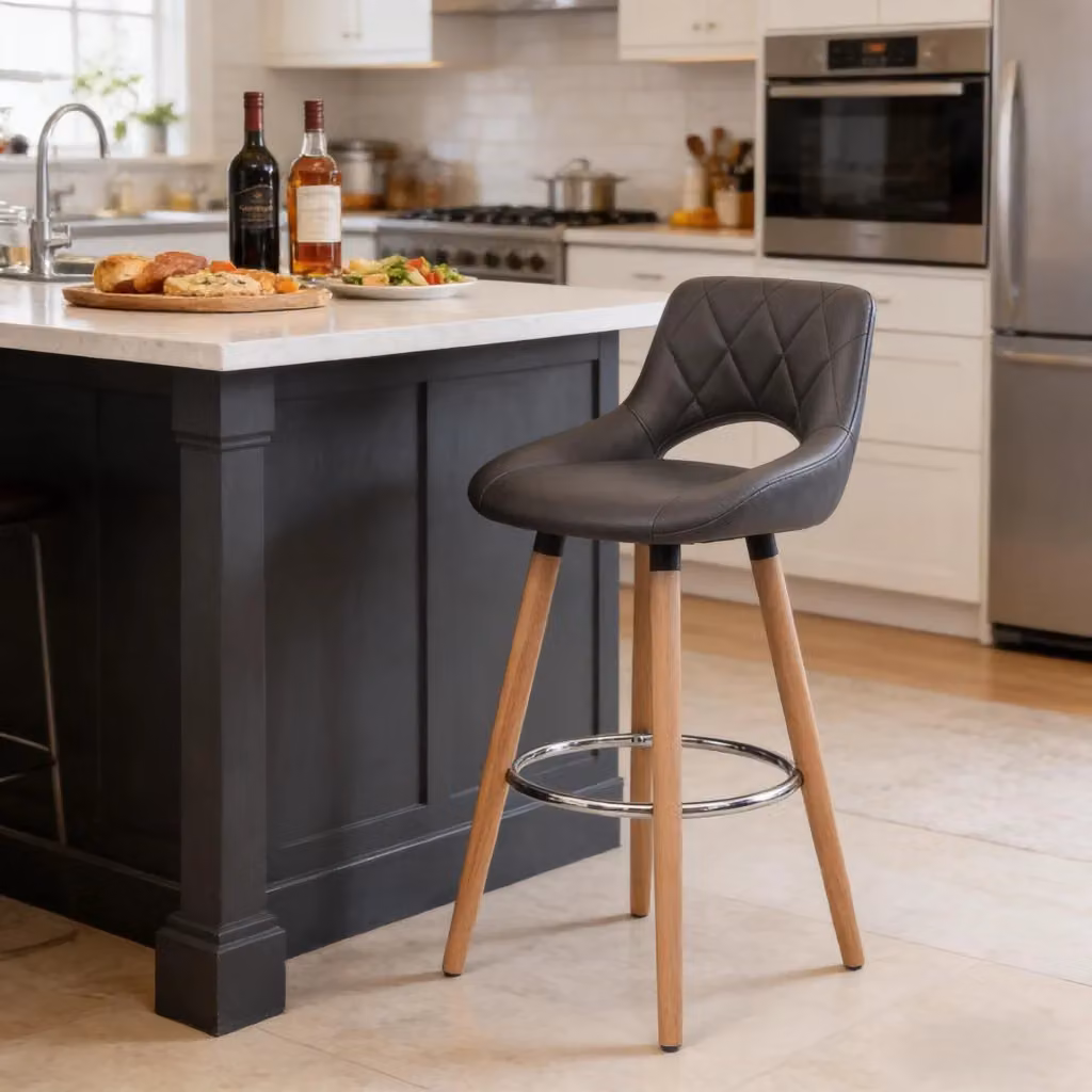 Sgabello bar WISHDOR moderno grigio con schienale, seduta in similpelle e gambe in legno massello, Altezza: 91 cm – 2