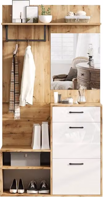 Mobile Ingresso Guardaroba 100×38;5×190 cm con Specchio; Scarpiera; Panca Porta Scarpe e Armadio Bianco Rovere