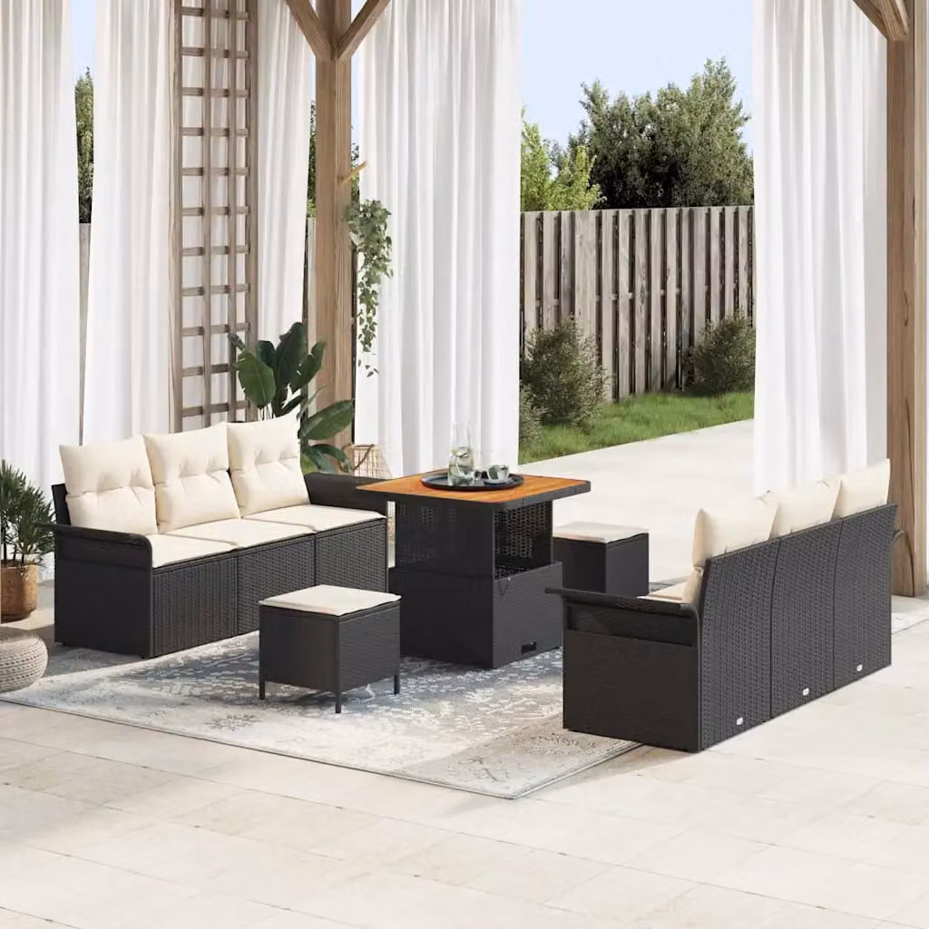 vidaXL Set Divano da Giardino Moderno a Forma di U con 9 Pezzi, Nero e Beige – 1