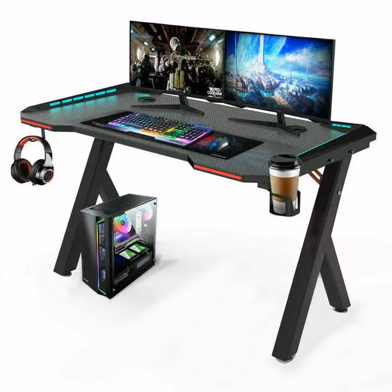 Scrivania da computer grande, rettangolare, autoportante, di grandi dimensioni, con illuminazione RGB a LED