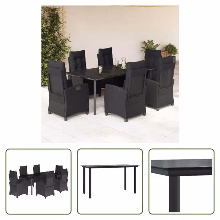 The Living Store Set da pranzo da giardino 7 pezzi con cuscini in polirattan nero