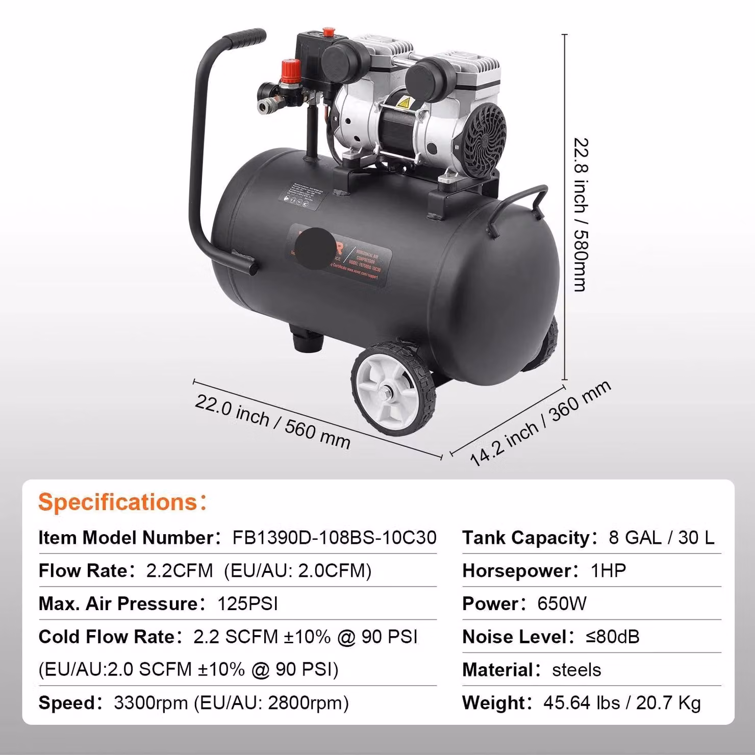 Compressore d'aria silenzioso - Compressore - Compressore d'aria - Pompa per pneumatici - Compressore elettrico - 650W - 80dB