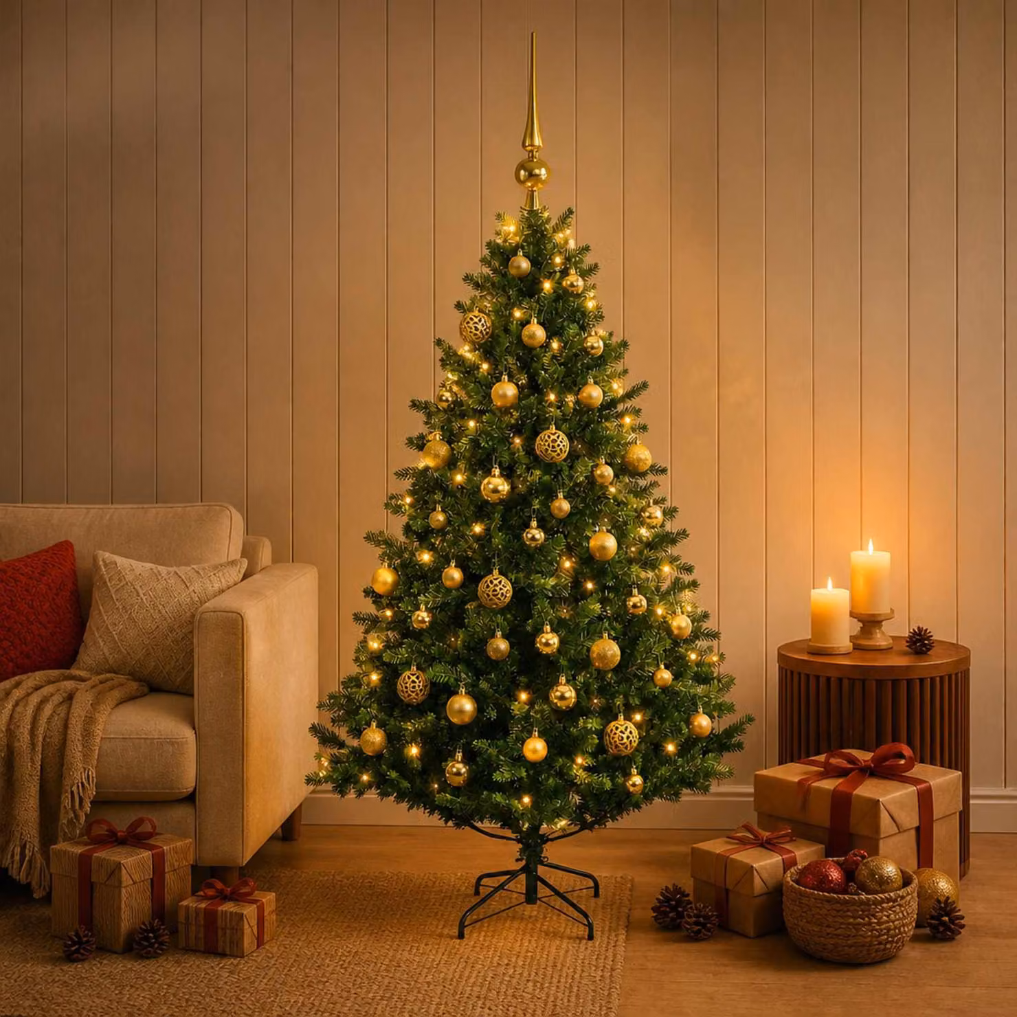 Albero di Natale artificiale con decorazioni natalizie, altezza 150 cm, 150 luci LED