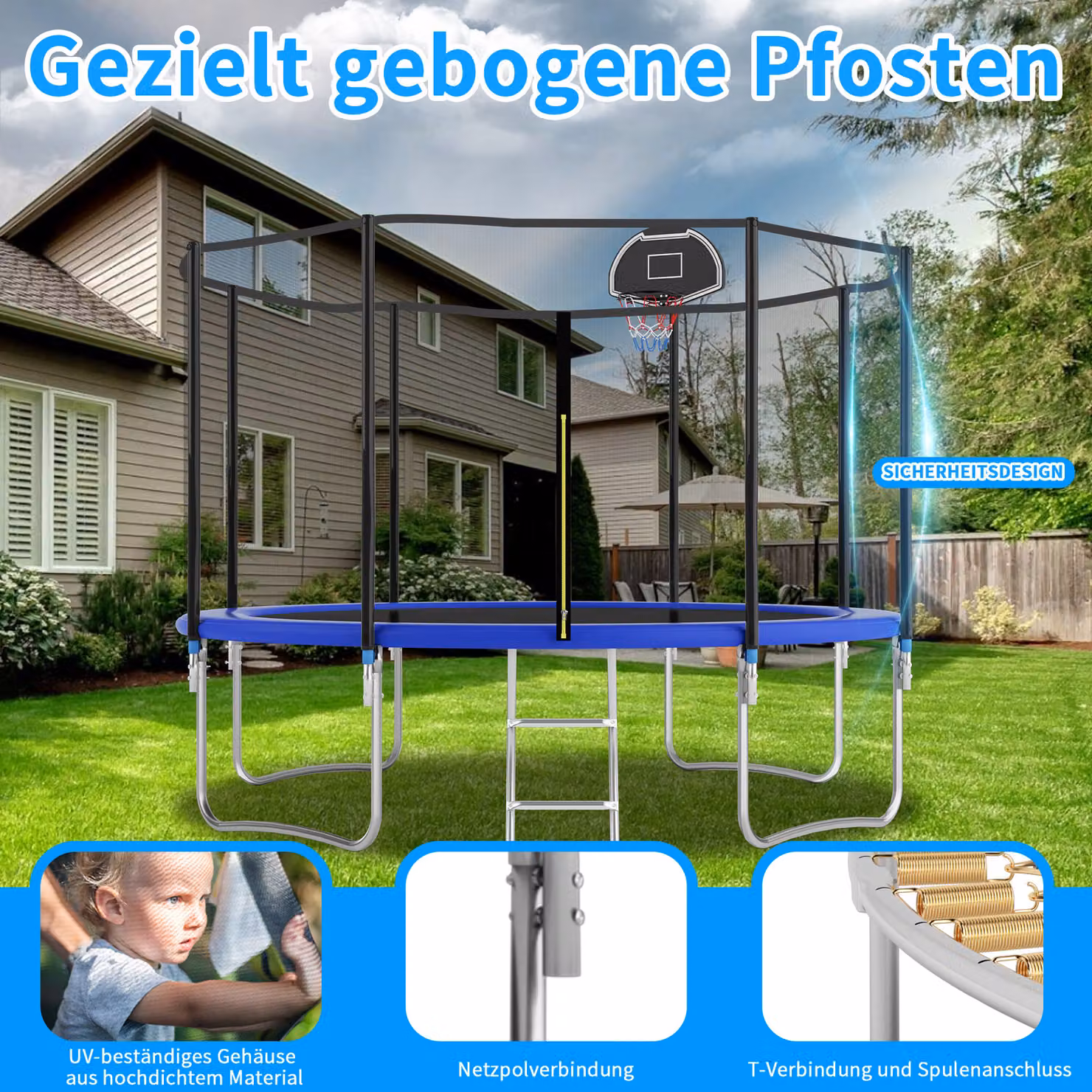 Trampolino da esterno Aosom Italy con rete di sicurezza doppiamente imbottita e traverse rinforzate, Blu, L/P/H: 366 x 366 x 256 cm – 2