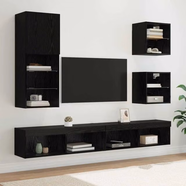 Mobile Porta TV con LED 5 pz-Credenza per TV Rovere Nero Legno multistrato 877669