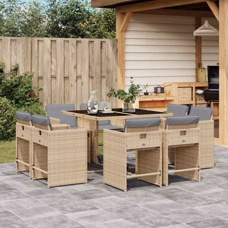 Set Pranzo da Giardino vidaXL in Polyrattan con Cuscini Beige Misto e Tavolo in Vetro, 9 Pezzi