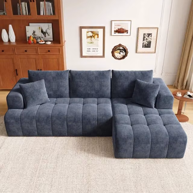 Divano angolare modulare MIVRAY in ciniglia blu reversibile con cuscini per soggiorno