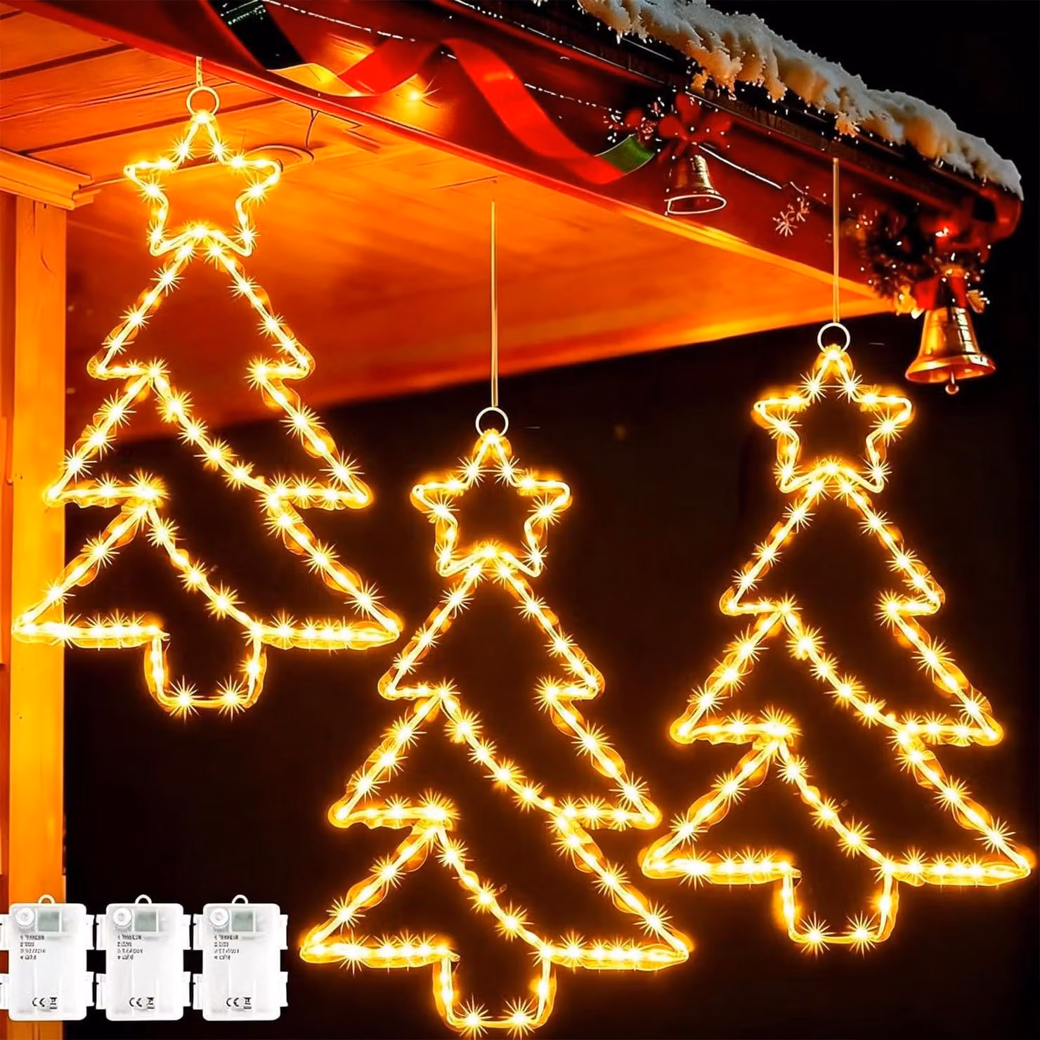 Set di 3 luci decorative per finestre a forma di albero di Natale, con 55 LED, timer e alimentazione a batteria