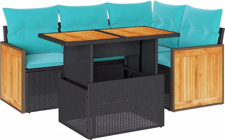 Set Divani da Giardino 5 pz con Cuscini Nero Polyrattan Acacia