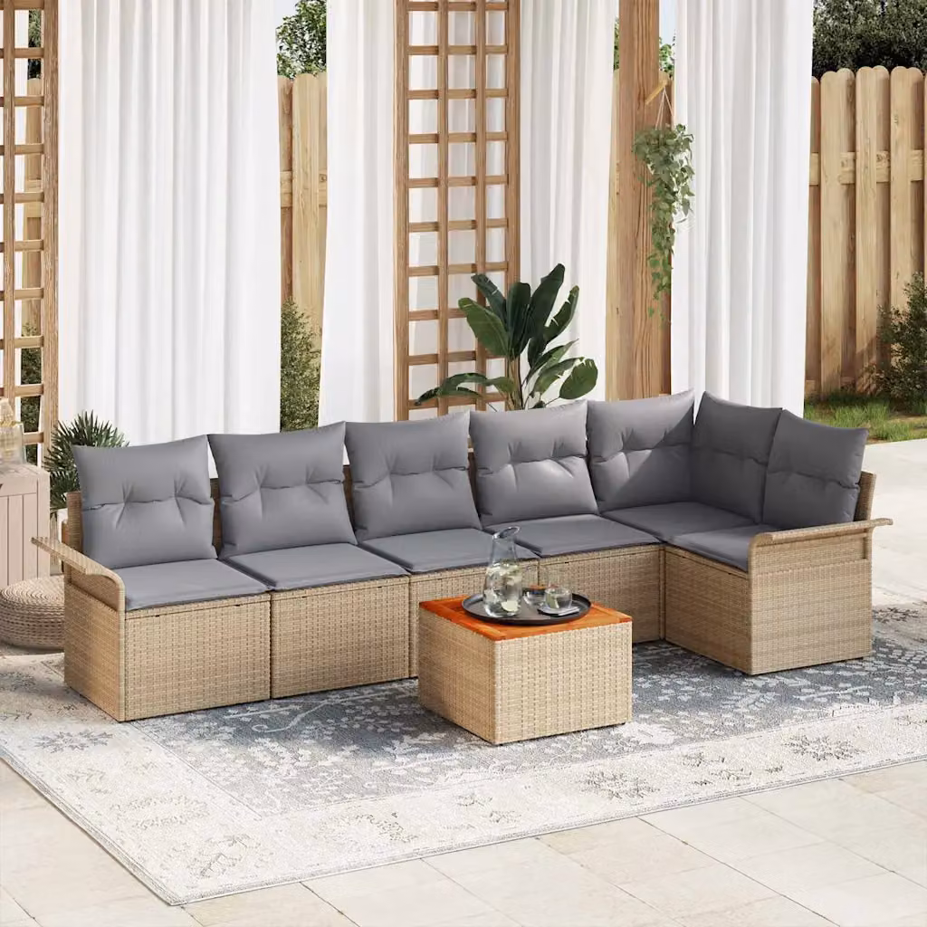 Set Divano da Giardino vidaXL 7 Pezzi Beige con Cuscini e Tavolino in Polyrattan e Acciaio – 1