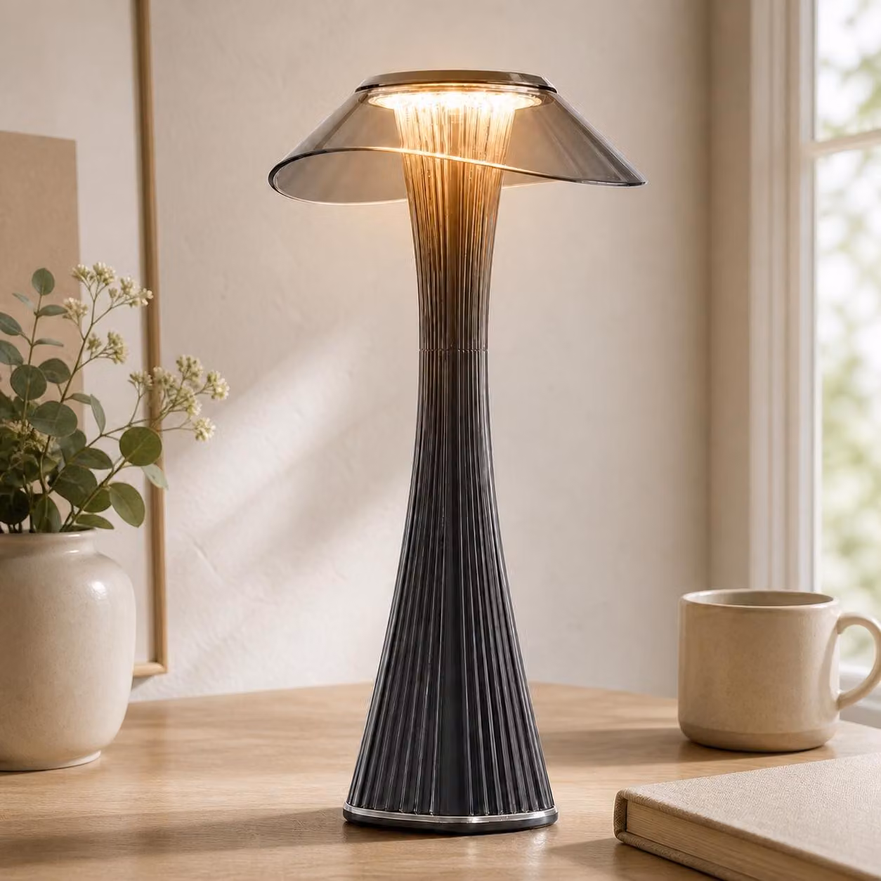 ZMH LED Lampada da tavolo a batteria Touch Dimmerabile Grigio fumo Lampada da comodino Lampada da tavolo Moderna per Camera da letto Soggiorno Ufficio