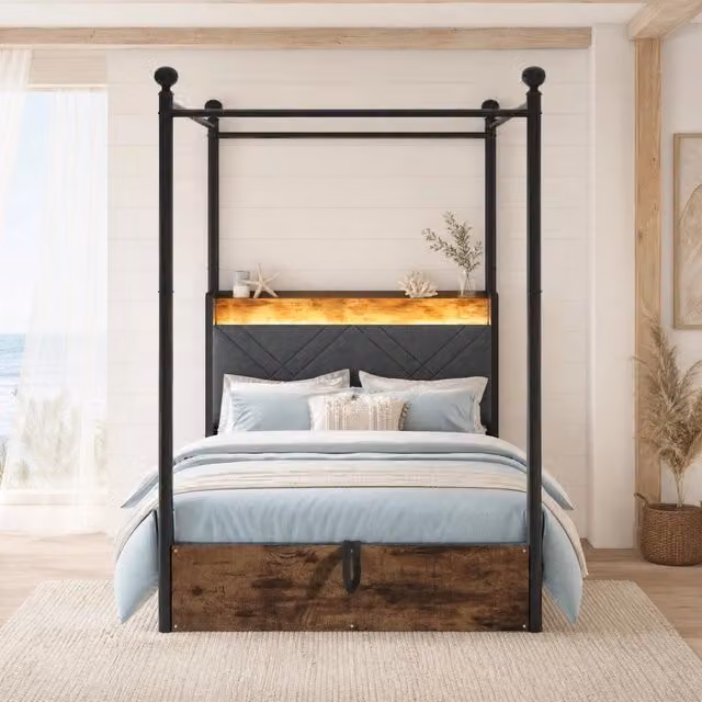 Letto singolo 90x190 cm con baldacchino removibile; contenitore idraulico; LED; USB; nero