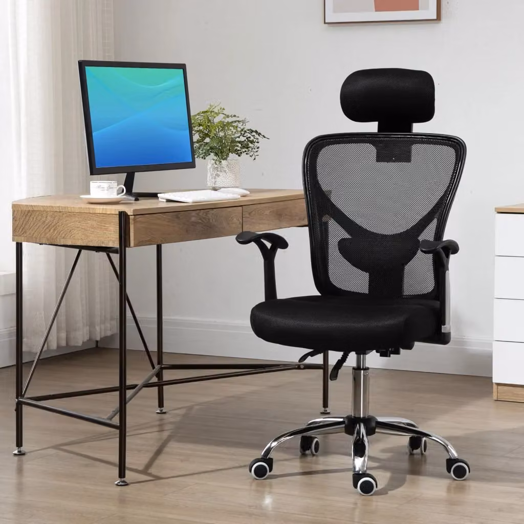Sedia da Ufficio Ergonomica Minimal Girevole 360 con Schienale in Rete e Poggiatesta, Colore Nero, Altezza Regolabile – 2
