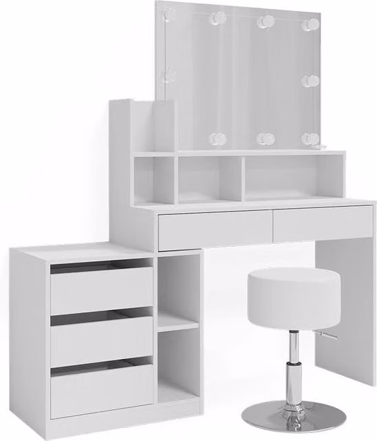 Tavolo da toeletta Anja Bianco 139.8 cm con specchio, catena luminosa LED e sgabello Vicco