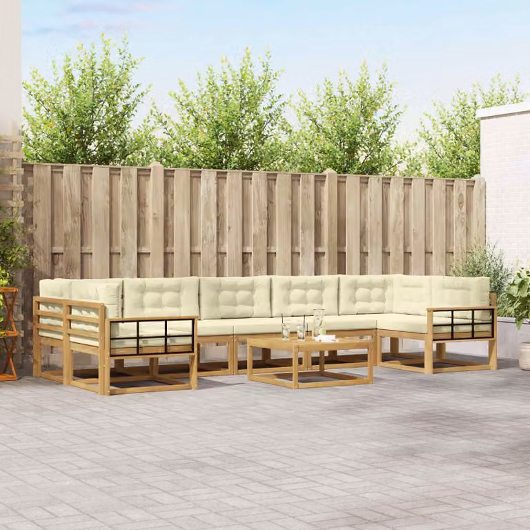 vidaXL Set di divani da esterno a L in legno di acacia con tavolo da caffè, 6 pezzi, Bianco e Beige