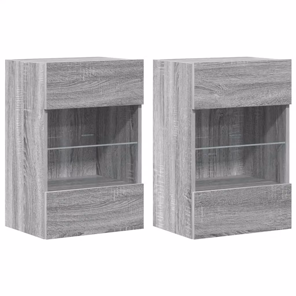 Set di 2 mobili da parete per TV con luci LED integrate, credenza moderna in legno e vetro, colore grigio, L 40 cm x P 30 cm x H 60,5 cm – 2