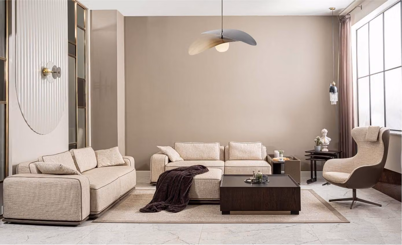 Luxus Sofagarnitur Dreisitzer Sofa Stoffsofa Beige Polstersofas Sessel