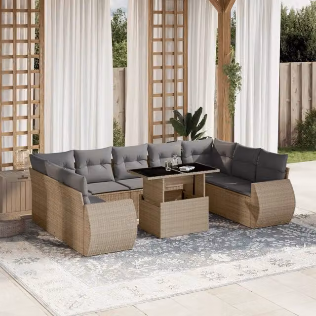 Set Divano da Giardino a Forma di U vidaXL in Polyrattan con Cuscini Beige e Grigio e Tavolino da Esterno