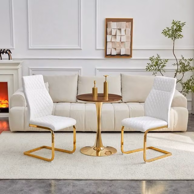 Set Tavolo Rotondo e Sedie da Pranzo ¨C Xylo ¨C Piano MDF Effetto Noce, Gambe Oro, 2 Sedie Bianche