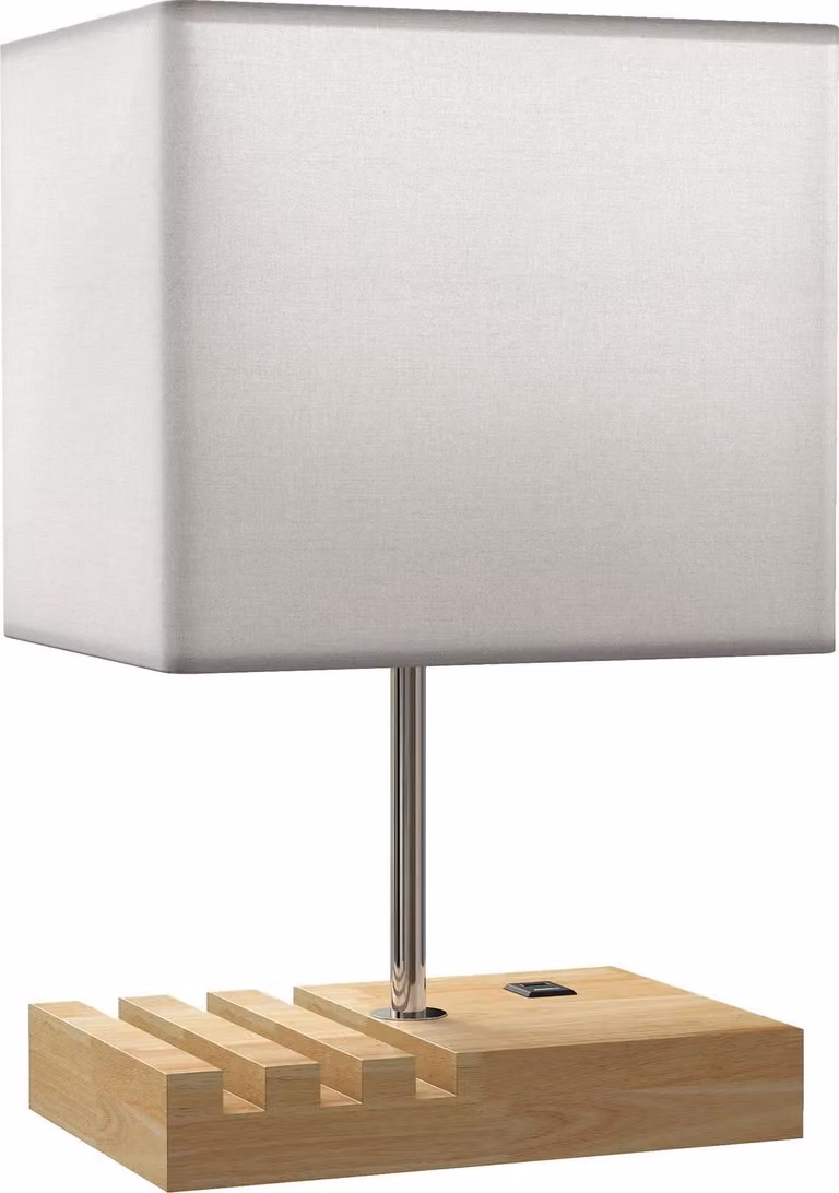 Lampada da comodino con porte USB, legno e tessuto, bianco