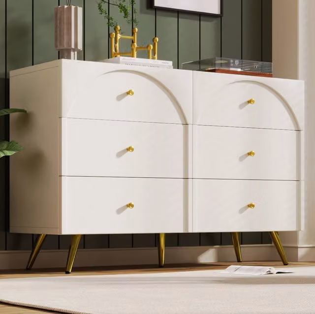 Comò con 6 cassetti crema bianco H85xL120xP40 cm con piedi in metallo per camera e soggiorno
