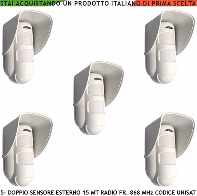 Set di 5 sensori di movimento Securvera per esterno con doppia tecnologia, colore bianco, gestione tramite smart app e comunicazione bidirezionale via radio frequenza 868 MHz