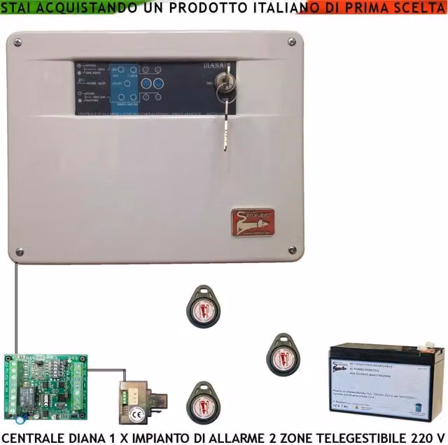 Centrale Allarme Filo Securvera Diana 2 Zone con 3 Chiavi e 2 Meccaniche, Batteria 12 V 7,2 Ah, Gestione Sensori, Comando Remoto e Telegestione – 1