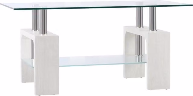 Tavolino da caffè moderno Minimal in vetro e legno, bianco e trasparente, L: 90 cm, P: 50 cm, H: 42 cm