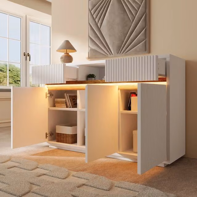 Credenza con LED 140x40x85 cm; 2 cassetti e 3 ante; ripiani regolabili; struttura in legno bianco