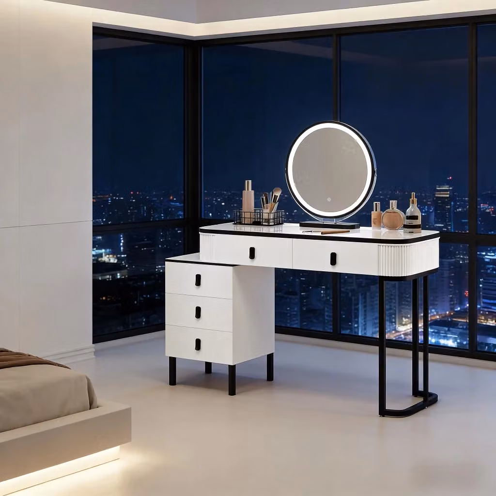 Toeletta Hollywood MIVRAY con specchio LED dimmerabile e base girevole a 360°, cinque cassetti, finitura lucida in MDF nero e bianco, L 100 cm x H 125 cm x P 40 cm – 2