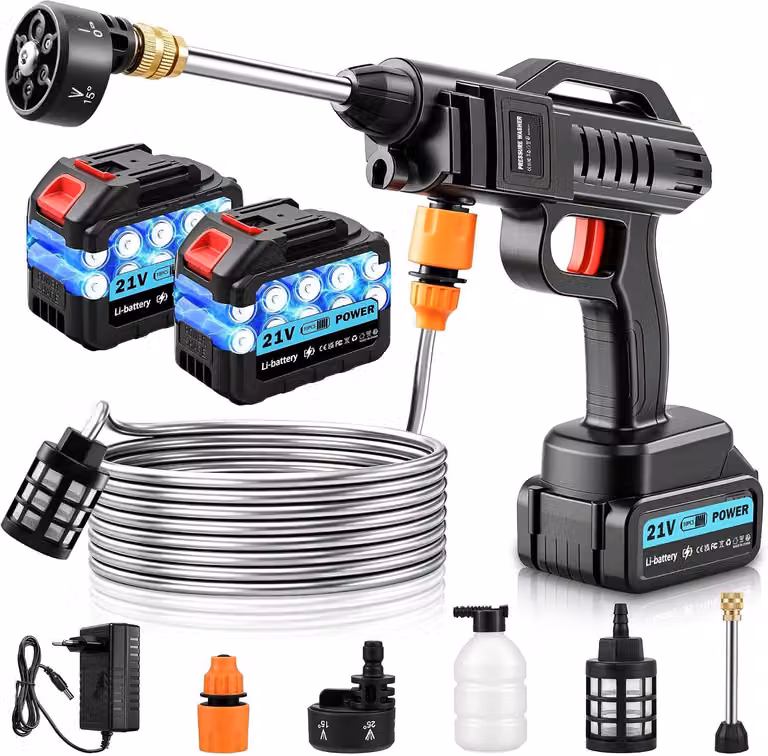 Idropulitrice a batteria, 100 bar, 270 l/h, 2 batterie da 3000 mAh, tubo flessibile da 5 metri, gittata di 10 metri, ugello 6-in-1, erogatore di schiuma, portatile, colore nero e arancione
