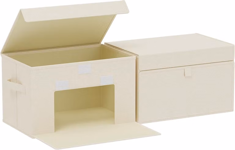 Contenitori con coperchio, dimensioni 38 x 25 x 25 cm, confezione da 2, in tessuto, color beige, ideali per la camera da letto