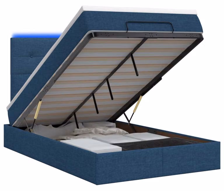 Panca contenitore in stile ottomano con materasso e illuminazione LED blu, dimensioni 120 x 200 cm, rivestita in tessuto