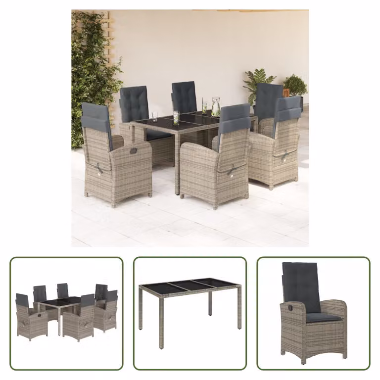 The Living Store Set da pranzo da giardino 7 pezzi con cuscini in poly rattan grigio